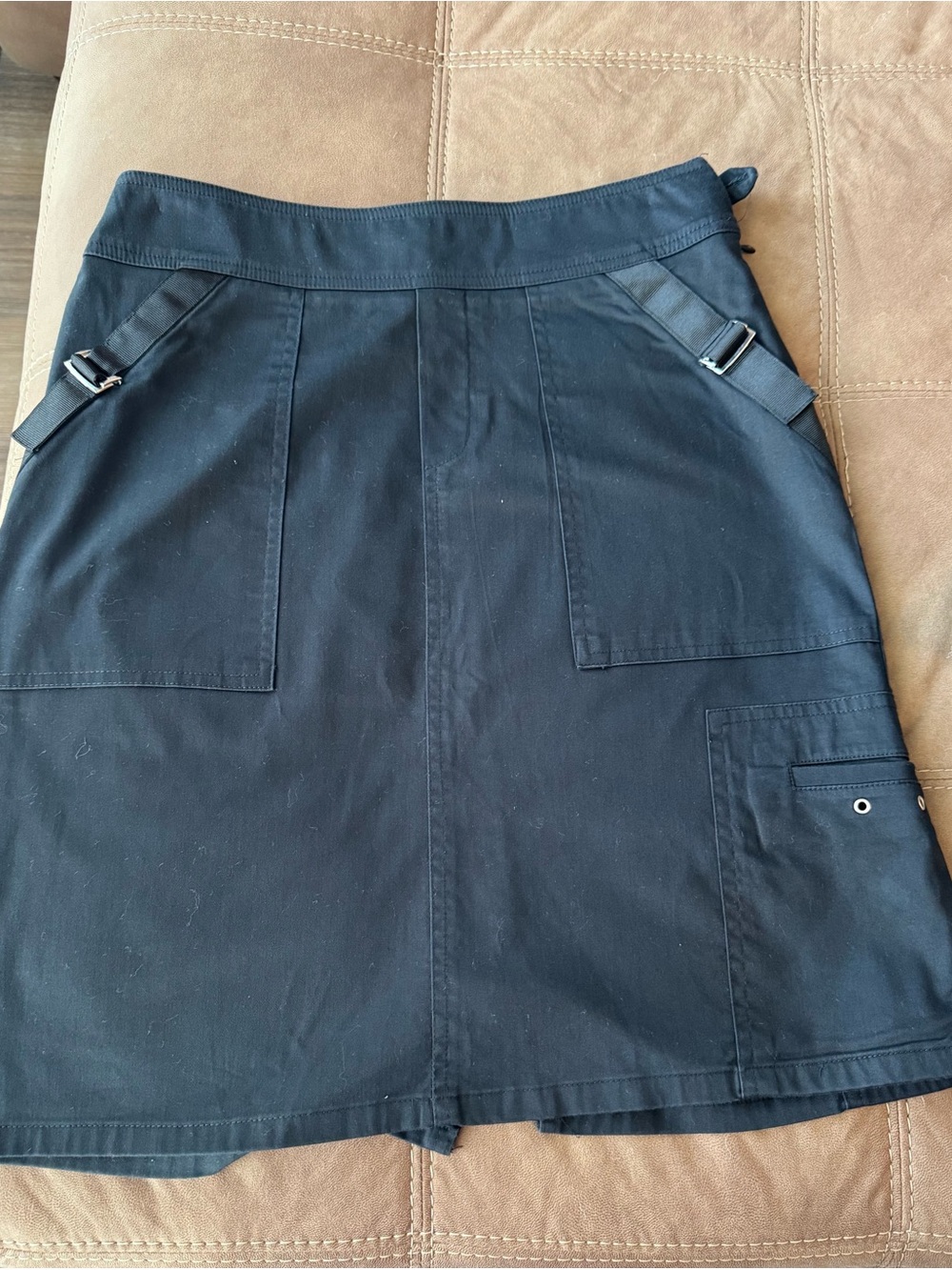 Womyn Black Mini Skirt with Utility Pockets and Side Buckles